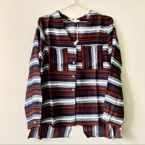NWT Entro Rust Navy Blue Striped Spliced Back V Neck Long Sleeve Button Up Top